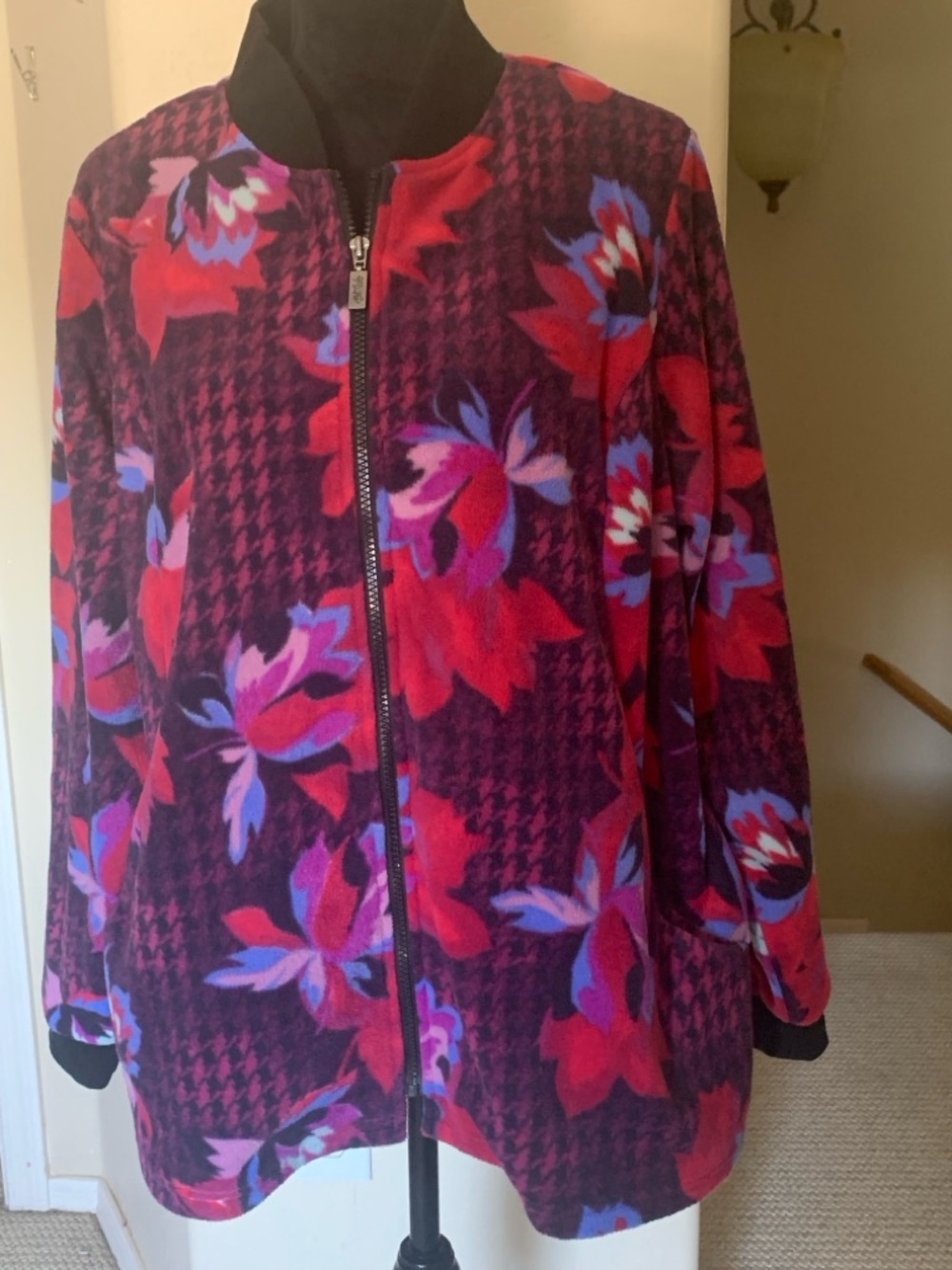 Bob Mackie Floral Houndstooth Bomber Jacket - Purple & Red - Picture 4 of 12